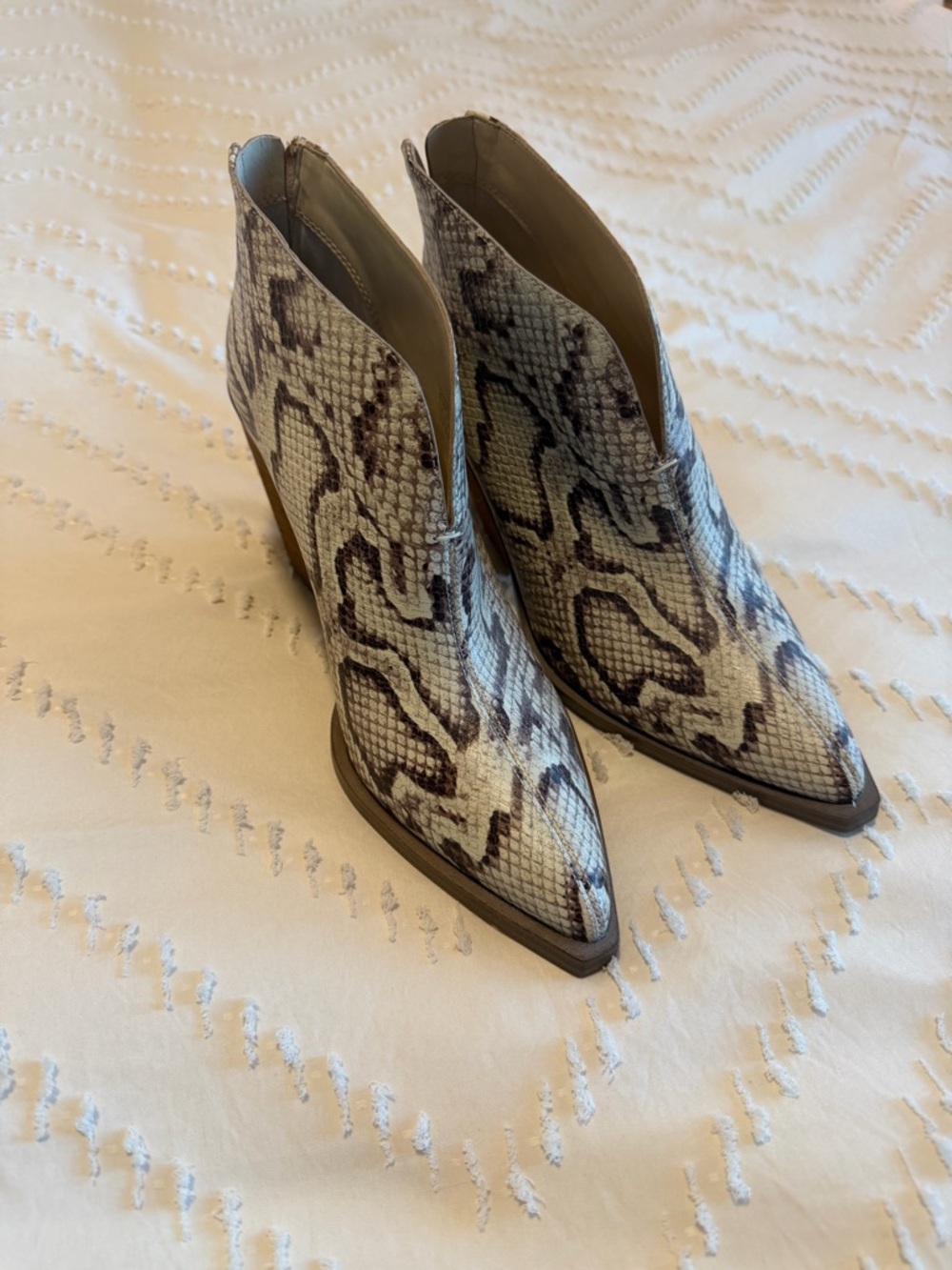 Vince Camuto Snake-Print Pointed Toe Booties in Brown and Cream